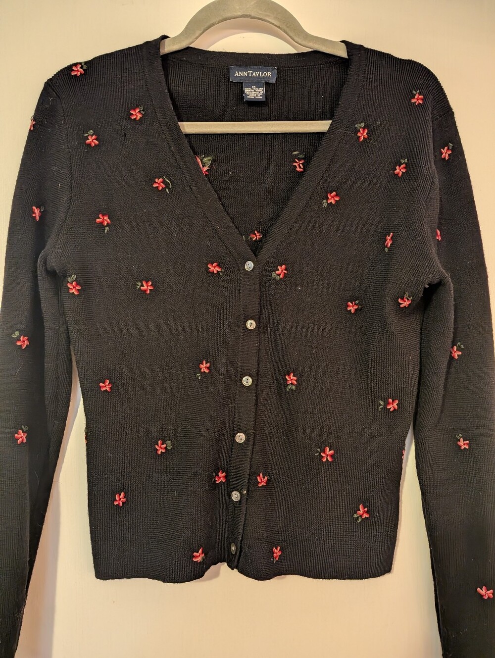 Vintage 100% Italian Merino Wool Ann Taylor Black Cardigan with Pink Flowers
